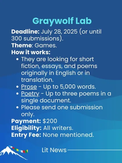 Graywolf Lab is looking for short fiction, essays, and poems on the theme of 'Games' for their upcoming publication.