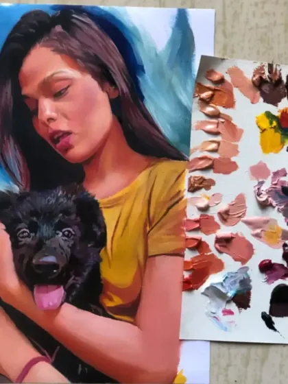 A heartwarming oil painting of a girl with her puppy. Pet portraits are a wonderful way to celebrate our furry family members.