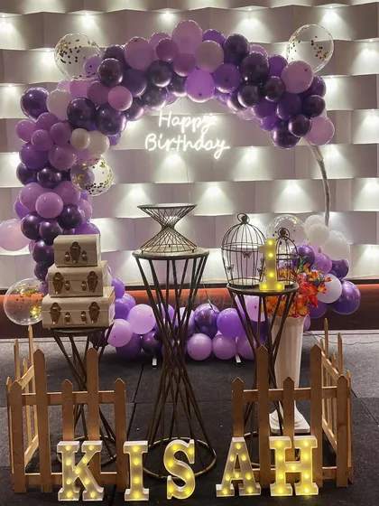 Another view of the lovely lavender-themed setup, showing the personalized marquee letters.
