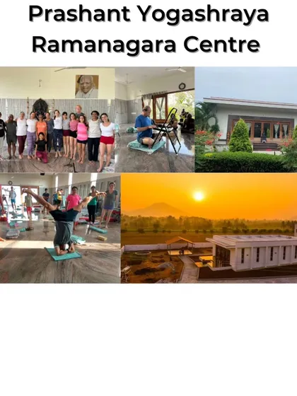 A collage showcasing our Prashant Yogashraya Ramanagara Centre. It is a serene and fully equipped space designed for immersive yoga workshops and retreats, away from the city's hustle.