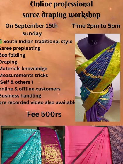 A flyer for a Sunday workshop in September, covering the full syllabus from pre-pleating to business handling.