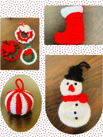 A collage showing some of my most popular Christmas ornament designs, including a striped bauble, snowman, stocking, and wreaths.