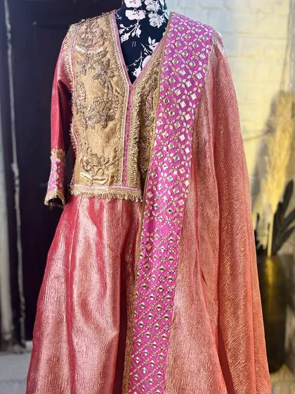 The full view of the tissue silk suit, perfect for a wedding guest or for your trousseau.