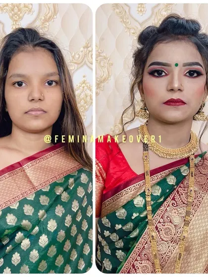 A before and after transformation for a guest at a wedding. I created a sophisticated look with a neat updo, defined eyes, and a matte red lip that complements her green saree.
