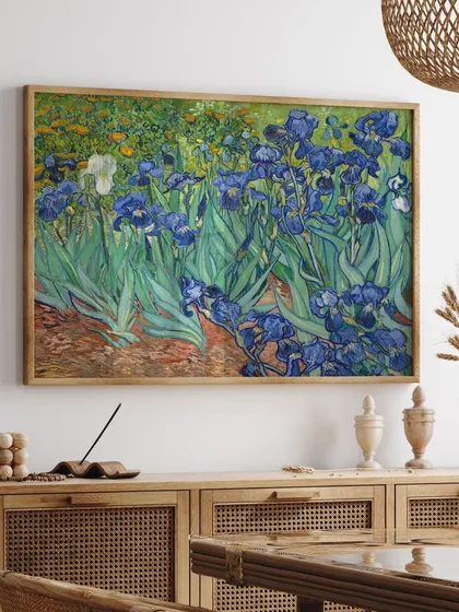 Own a timeless masterpiece with our high-quality reproduction of Vincent van Gogh's "Irises." The vibrant blues and greens are captured perfectly on canvas, and the classic wood frame adds a touch of museum-quality elegance to your dining or living space.