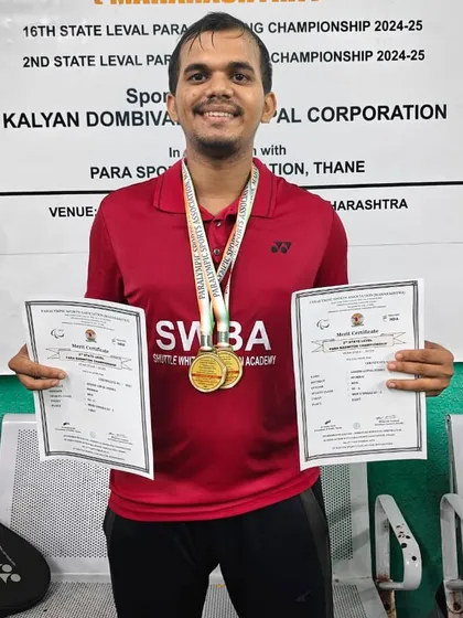 Inspiration in action. We are incredibly proud of our coach, Ashish, showcasing his double gold medal win at the Maharashtra State Para Badminton Championship. His victory fuels our entire academy.