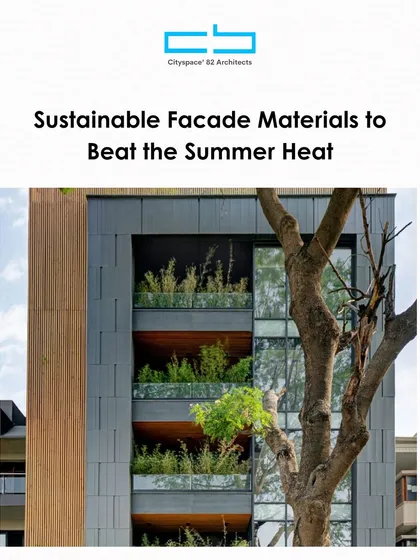 A title card for a series on sustainable facade materials to beat the summer heat. The image shows a building with deep, shaded balconies filled with greenery.