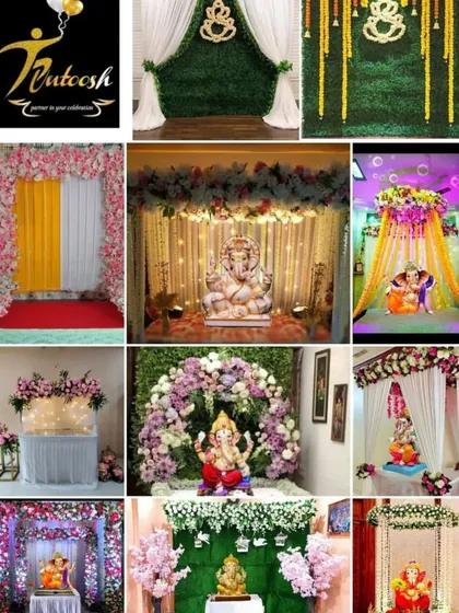 A glimpse into the variety of Ganpati home decorations I offer. From simple curtain backdrops to elaborate floral frames and green grass panels, we have a design for every budget and taste.