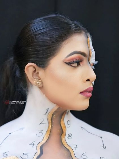 A profile view of the time-bending makeup. The design flows from the face down to the body, creating a complete and immersive piece of art.