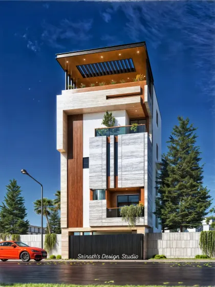 This 26'x40' elevation in Bengaluru features a mix of stone, wood, and white render, with a prominent pergola on the roof creating a functional and aesthetic terrace space.