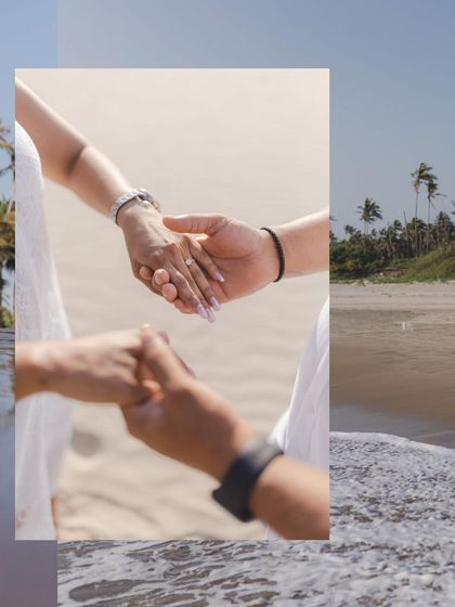A creative collage focusing on the detail of their hands and the texture of the waves, telling a story of connection and the seaside setting.