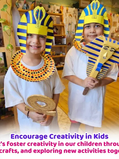Creativity knows no bounds! Here, two children are dressed in Egyptian-themed costumes they helped create. We love exploring history and culture through art.