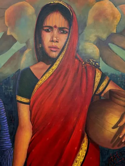 This close-up of a central figure from one of my narrative paintings shows a woman rendered with a blend of realism and my tribal weave motif. Her direct gaze and the pot she carries symbolize strength, sustenance, and the enduring spirit of our ancestors.