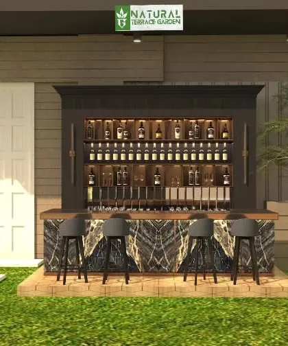 A proposed design for a grand, fully-stocked bar, perfect for a dedicated entertainment space on a terrace.