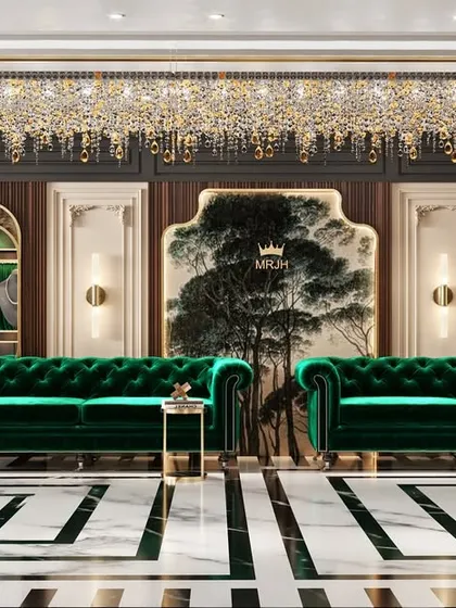 This 3D render of a high-end jewellery showroom demonstrates my expertise in commercial design. The space combines classic elements like statues and tufted sofas with modern luxury, using a rich color palette of emerald green and gold.