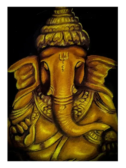 A portrait of Lord Ganesha, or Bappa, created for a Ganesh Chaturthi exhibition at the Karnataka Chitrakala Parishad in Bangalore. The use of golden-hued powders against a black background gives the artwork a metallic, statue-like appearance.