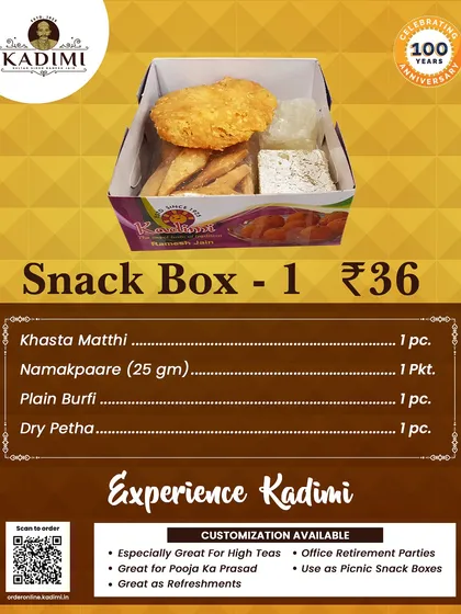 Snack Box 1 is a simple yet delicious pack with Khasta Matthi, Namakpaare, Plain Burfi, and Dry Petha.