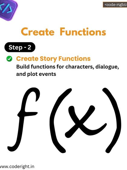 Step 2: Create functions. We build "functions" for characters, dialogue, and plot events. This teaches them about creating reusable blocks of instructions to make their story flow.