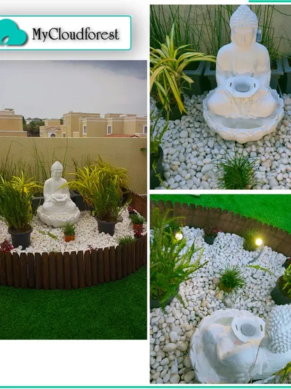 For clients seeking a peaceful corner, I design these Zen-inspired garden nooks. This collage shows how I use a combination of a Buddha water fountain, clean white pebbles, and lush artificial grass to create a dedicated space for tranquility and meditation on a terrace.