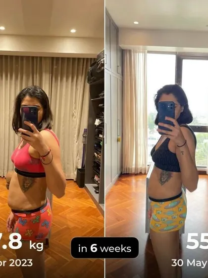 In just 6 weeks, this client went from 57.8 kg to 55 kg. The pictures show a clear reduction in belly bloat and a more toned midsection.