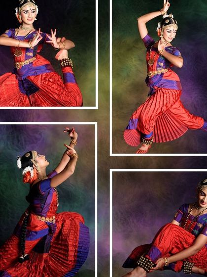 Dressed in a traditional red and blue costume, our student demonstrates the power and precision of Bharatanatyam. These images capture the dynamic leg extensions and graceful postures that are hallmarks of the dance form.