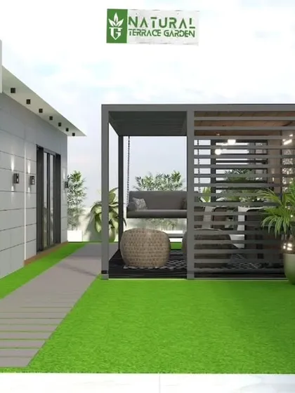 A 3D concept for a Karkardooma terrace, showing a long layout with a pergola at one end and lush planters along the side.