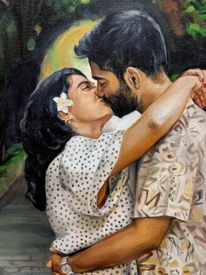 A close-up of the romantic kiss from the 24x30 inch portrait.