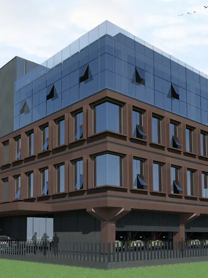 A render of a 40,000 sq. ft. commercial building in Thane. The design creates a floating block effect by encasing the top and ground floors in glass, while the two central floors are anchored with solid burgundy panels, creating a distinctive visual identity.