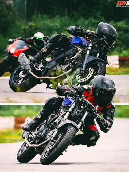 Two riders are captured here executing a corner in close succession. This shows how our training prepares you for real race scenarios, where maintaining your line around other riders is crucial.