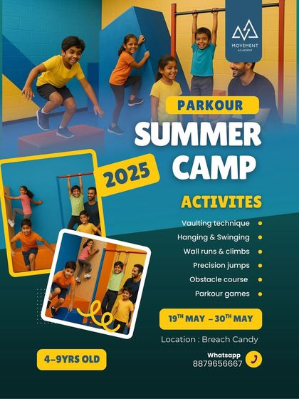 Announcing our 2025 Parkour Summer Camp at Breach Candy for kids aged 4-9. Activities include vaulting, hanging, wall runs, and more.