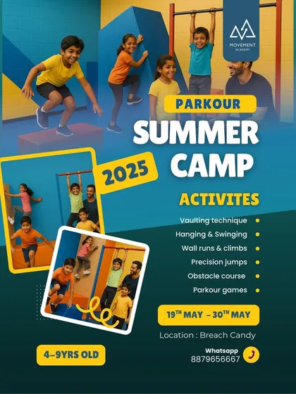Announcing our 2025 Parkour Summer Camp at Breach Candy for kids aged 4-9. Activities include vaulting, hanging, wall runs, and more.