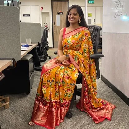 Varshini brings a touch of tradition to the office, proving that a saree is always a powerful choice.