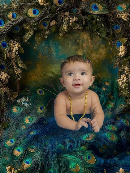 This artistic edit combines a photo of a baby with peacock feathers to create a divine Krishna-inspired portrait.