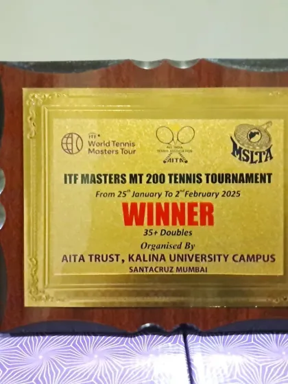 A close-up of the winner's plaque for the 35+ Doubles at the ITF Masters MT 200 tournament.