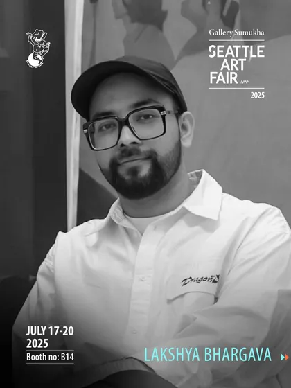 The artist announcement for Lakshya Bhargava. These introductions help visitors understand the conceptual framework behind the art they are about to see.