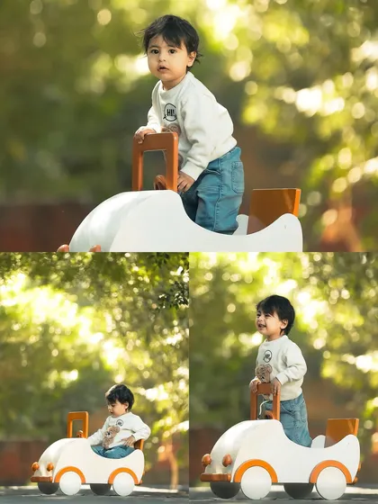 A collage showing different angles and moments from the outdoor car-themed shoot. It highlights his playful personality, from sitting contently to standing with a curious gaze.