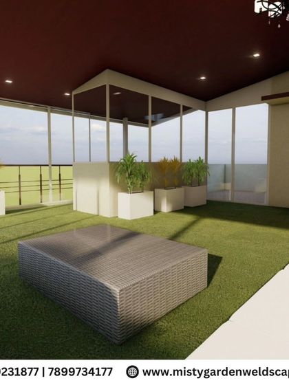 This 3D render shows a terrace design with artificial grass, an enclosed seating area, and planters. We use these visuals to plan a balanced and functional outdoor room.