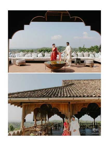 A collage showing the couple against the stunning landscapes of their Sri Lankan wedding venue. These shots highlight the beautiful architecture and natural scenery that made their day unique.