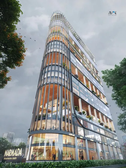 Introducing Narmada, a 29-story commercial building in GIFT City. Its unique facade seamlessly blends open and closed spaces, with personal landscape terraces designed to enhance tranquility and adapt to the climate.