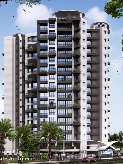 This is the primary architectural visualization for "Deluxe Homes" in Kalamboli, a large residential project with 143 apartments. The design focuses on a clean, contemporary aesthetic with contrasting tones and textures, creating a sophisticated urban residence.