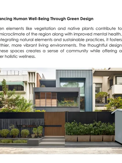 This image explains how green design enhances human well-being by integrating natural elements and sustainable practices. The home shown features lush landscaping at its entrance, creating a welcoming and healthy environment.