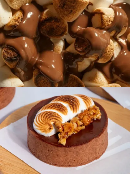 A collage showing the toasted marshmallows and the finished S'mores Tart, a true campfire classic reinvented.