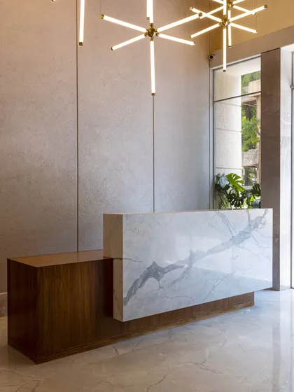 In this reception space, I created a powerful first impression through the juxtaposition of materials. The bold, veined marble of the desk contrasts beautifully with the warm timber tones, while sculptural lighting adds a sense of rhythm and balance to the refined entry experience.