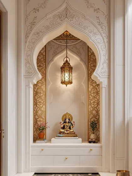 A traditional and ornate pooja space set within a beautifully carved arch. The intricate details and warm lighting create a truly divine atmosphere.