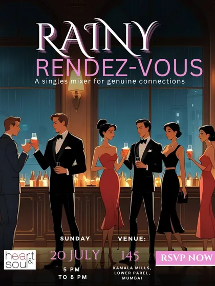 A poster for our 'Rainy Rendez-vous' mixer, showcasing the smart-casual vibe and the promise of a curated group of singles aged 35 and above.