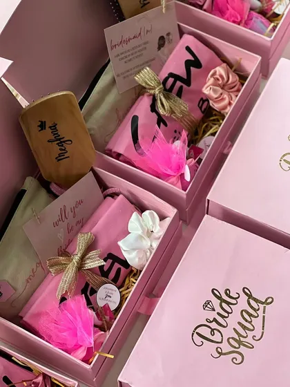 A closer look at these "Bride Squad" proposal boxes. Each one is filled with personalized goodies to pamper and delight, making it the perfect way to ask your best friends to stand by your side.