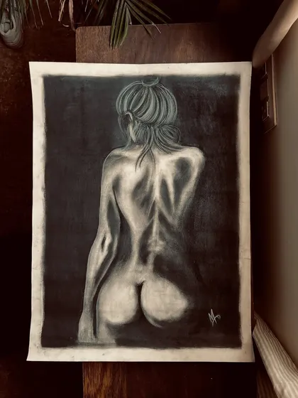 Using charcoal, I explore the human form, focusing on light, shadow, and emotion. This is a personal piece that reflects my belief that art reveals the soul.