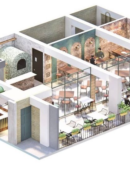 A second isometric view from a different angle, revealing the layout of the kitchen with its wood-fired pizza oven, a key element of the pizzeria's identity that was integrated into the design.