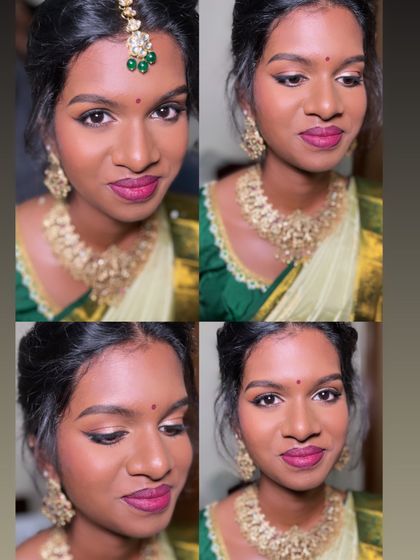 Yamini, glowing for her engagement in Bengaluru. We chose a look with defined eyes and a bold pink lip to match her green and gold saree.