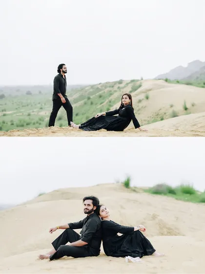 A diptych showing two different poses in the sand dunes, one pensive and one of quiet togetherness.